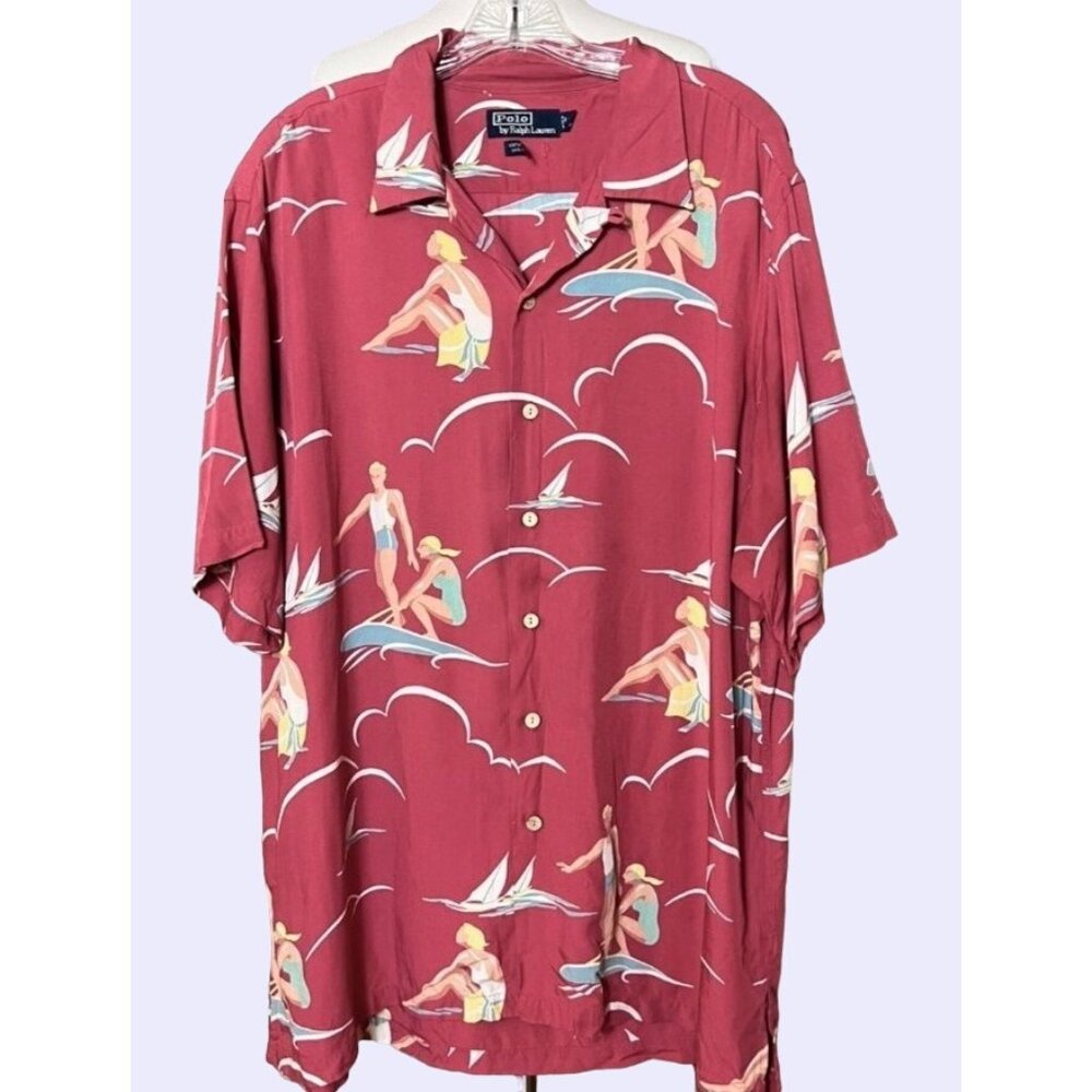 Vintage Polo Ralph Lauren Surfing Print Men's Shirt L Red Retro Surfers Hawaiian